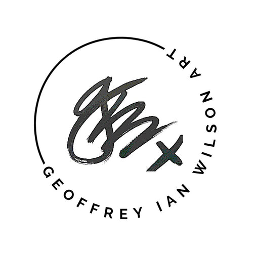 Geoffrey Ian Wilson Art Logo in black and white - Signature within thin line round circle 